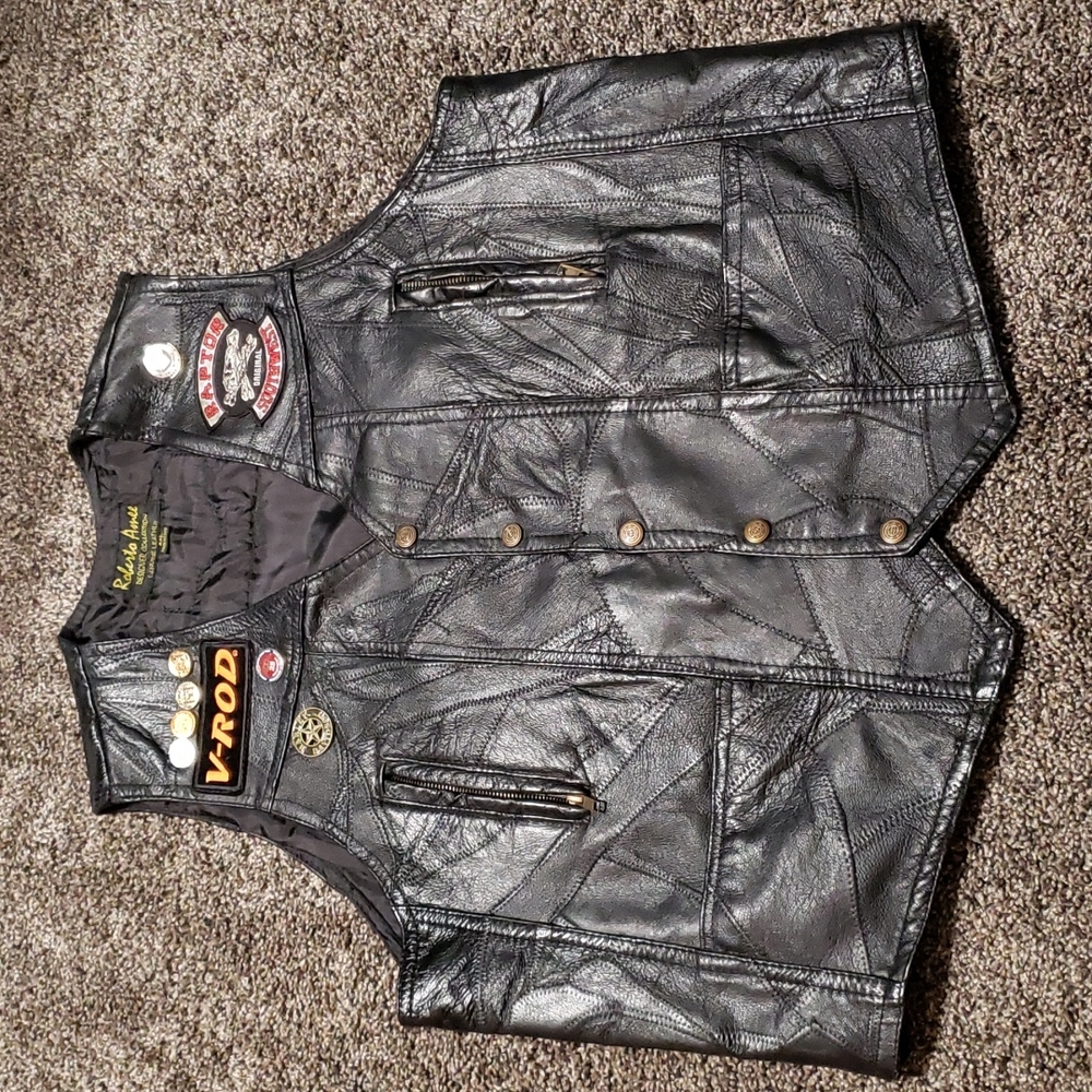 Roberto Amee Black Leather Snap Front 4 Pocket Motorcycle Vest Men's Sz 2XL